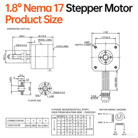 1.8° Nema 17 stepper motor product size diagram with detailed measurements and TR8x8 lead screw specifications.