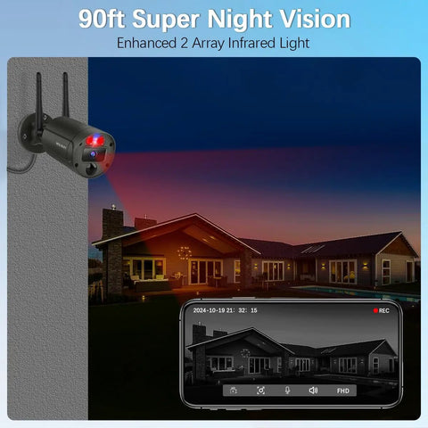 Outdoor Wireless Security Camera System With 130 Degree Wide Angle And 2 Way Audio, showing night vision capability.