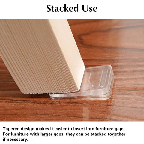 Clear Plastic Shim Wedges 8 Pack for Leveling Tables and Furniture stacked under wooden leg on wooden floor