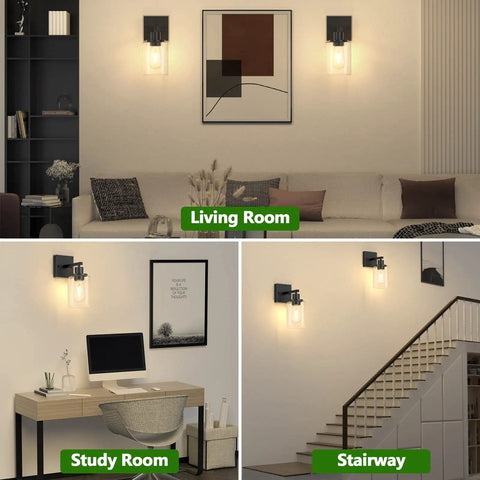Two Pack Black Vanity Wall Sconces Modern Industrial Wall Lighting With Clear Glass Shades for Living Room, Study Room, and Stairway.