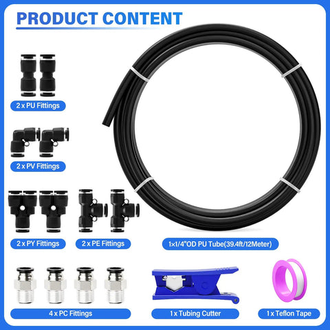 Black 1/4 Inch OD PU Air Tubing Kit With Union Tees, Elbows, Y Splitters And Straight Unions For Pneumatic Systems, Flexible Polyurethane Tubing 12 Meter 39.4ft, shown with fittings, cutter, and tape.