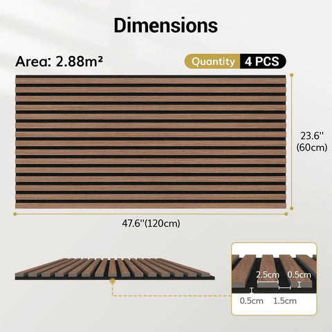 Game Changer Walnut Wood Slat Wall Panels Four Pack Acoustic Sound Dampening Board Set dimensions and specifications.
