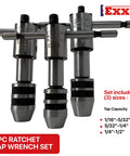Three Piece Tap And Wrench Set With Adjustable Ratchet For Hand Tapping And Small Tool Reaming Includes Five Thirty Second Inch Tap Capacity One Quarter Inch And One Half Inch Tap Sizes For DIYers displayed vertically with handle and size options.