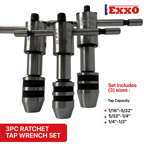 Three Piece Tap And Wrench Set With Adjustable Ratchet For Hand Tapping And Small Tool Reaming Includes Five Thirty Second Inch Tap Capacity One Quarter Inch And One Half Inch Tap Sizes For DIYers displayed vertically with handle and size options.