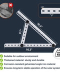 16 Inch Solar Panel Mounting Brackets Kit With Adjustable Tilt And Foldable Legs For RV Roof Boat Or Ground Install Off Grid Ready 0 To 90 Degree Tilt 2400Pa Windproof Lightweight Metal 2 Pack For Single Side Panels Under 16 Inches showing detailed dimensions and corrosion-resistant material.