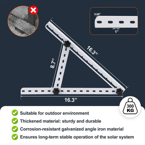 16 Inch Solar Panel Mounting Brackets Kit With Adjustable Tilt And Foldable Legs For RV Roof Boat Or Ground Install Off Grid Ready 0 To 90 Degree Tilt 2400Pa Windproof Lightweight Metal 2 Pack For Single Side Panels Under 16 Inches showing detailed dimensions and corrosion-resistant material.