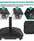Heavy Duty 100Lb Umbrella Base With Four Locking Wheels and easy mobility for patio deck use, image showing wheel close-up and design.