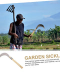 Man holding Long Handle Manganese Steel Grass Sickle For Weeding And Harvesting against a field backdrop, wooden grip visible.
