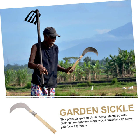 Man holding Long Handle Manganese Steel Grass Sickle For Weeding And Harvesting against a field backdrop, wooden grip visible.