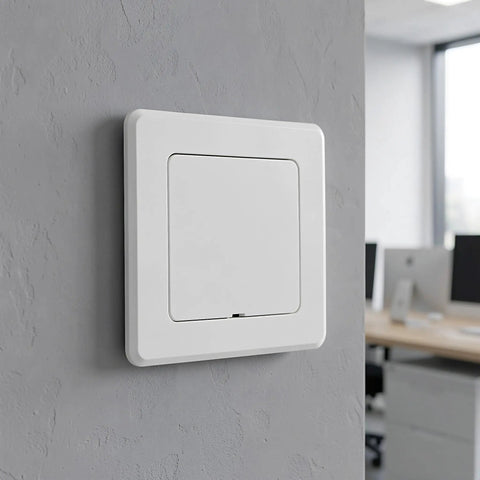 2 Pack Self Adhesive Access Panel For Drywall And Ceilings 4 X 4 Inch Inside Size Peel And Stick Pipe Hole Cover installed on a gray wall