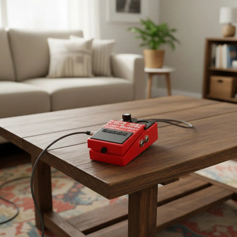 Compact Loop Pedal With 24 Segment Circular LED Indicator on wooden table in living room, designed for quick Rec Overdub and Play