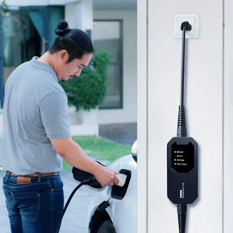 Man using Skysword II Level 1 EV Charger Portable Home EVSE With 110V 16A 25ft Cord connected to car and wall outlet