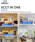 LED recessed lighting color options for different rooms including bedroom, kitchen, corridor, bathroom, and living room.