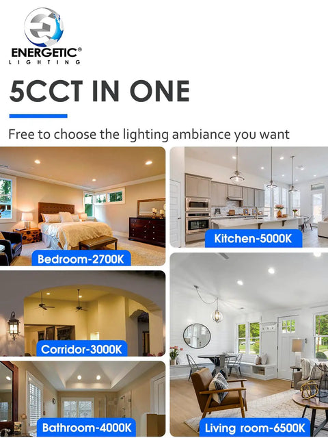 LED recessed lighting color options for different rooms including bedroom, kitchen, corridor, bathroom, and living room.