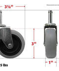 3-Inch Swivel Stem Caster With Non-Marking TPR Rubber Wheel, 7/16-Inch Stem Diameter, side and front view with measurements
