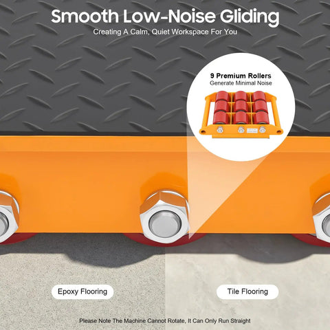 Rock Solid Heavy Duty Machinery Skates With Smooth Rolling Polyurethane Casters For Moving Big Industrial Gear No Sweat Built Tough Alloy Steel Base Supports Up To 15 Ton Loads Easily showing premium rollers on epoxy and tile flooring.