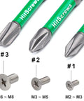Close-up of 7 Piece JIS Screwdriver Bit Set 3 Inch 75mm Magnetic Anti Cam Out Cross Point Bits with labeled screws sizes M2-M8