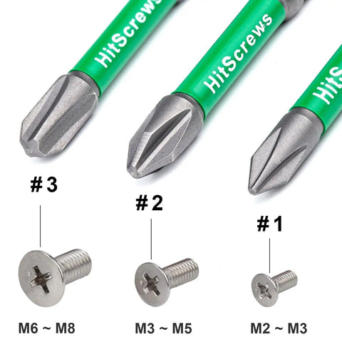 Close-up of 7 Piece JIS Screwdriver Bit Set 3 Inch 75mm Magnetic Anti Cam Out Cross Point Bits with labeled screws sizes M2-M8