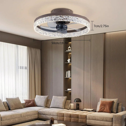 WAZYKJMDXX Ceiling Fan with Light 20 Inch Handheld Remote 6 Speeds Modern, crystal light ring in spacious room setting.
