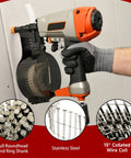 Person using a nail gun with Stainless Steel Ring Shank Siding Nails 1-3/4-Inch X.090-Inch, 15-Degree Collated Wire Coil