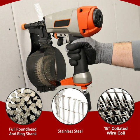 Person using a nail gun with Stainless Steel Ring Shank Siding Nails 1-3/4-Inch X.090-Inch, 15-Degree Collated Wire Coil