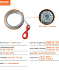 Beefy Heavy Duty 3/8 Inch By 100 Foot Steel Winch Cable With 15,200 Lbs Breaking Strength, features and dimensions labeled.