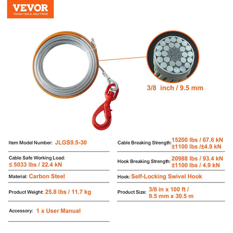 Beefy Heavy Duty 3/8 Inch By 100 Foot Steel Winch Cable With 15,200 Lbs Breaking Strength, features and dimensions labeled.