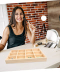 Solid Wooden Jewelry Dish With Thirty Tight Grid Dividers For Rings And Trinkets Great Sink Sidekick Or Vanity Organizer displayed on a vanity.