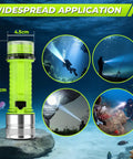 Underwater Diving Flashlight LED Light 1500 Lumen With 3 Modes IPX8 Waterproof Rechargeable Torch shown with usage scenarios.