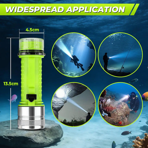 Underwater Diving Flashlight LED Light 1500 Lumen With 3 Modes IPX8 Waterproof Rechargeable Torch shown with usage scenarios.