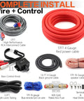 Complete 4 Gauge Car Subwoofer Amplifier Wiring Harness Kit Including Heavy Duty Power Ground And Speaker Cables With Remote Bass Control Knob, showing 17ft cables and accessories.