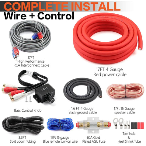 Complete 4 Gauge Car Subwoofer Amplifier Wiring Harness Kit Including Heavy Duty Power Ground And Speaker Cables With Remote Bass Control Knob, showing 17ft cables and accessories.