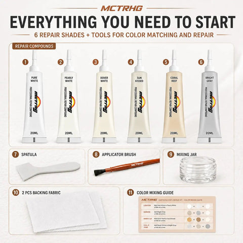 No Sweat Professional Leather And Vinyl Repair Kit For Seamlessly Blending White Cream And Light Gray Color Shades Onto Sofas Home Couches Car Boat And Bags, six repair shades with applicator tools and color mixing guide.