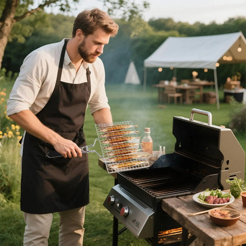 Man grilling with Foldable Stainless Steel Fish Grill Basket For Grillin Veggies Shrimp And Meat Portable BBQ Rack