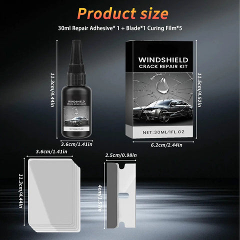 Windshield Crack Repair Kit For Cars And Glass Surfaces Quick Fix For Cracks That Stops Propagation Fast DIY Window Repair Liquid Easy To Use Glass And Mirror Repair Solution 1 Pack shown with repair adhesive, blade, and curing film.