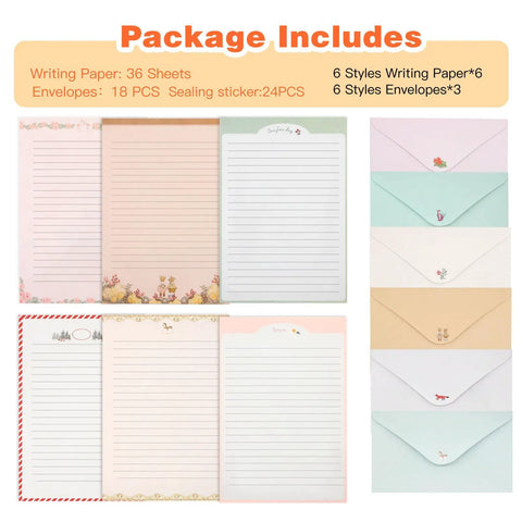 54 Piece Lined Stationery Set With Envelopes For Letters And Invitations Includes 36 Writing Papers And 18 Envelopes Six Cute Prints Ideal Gift For Office School Notes Poems, showing colorful papers and envelopes.