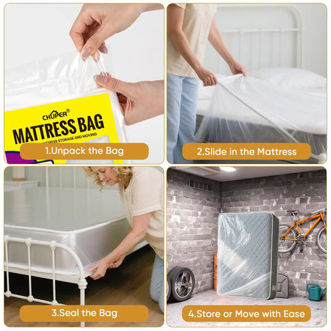King and Cal King Mattress Bag for Moving and Storage in four steps: unpack, slide, seal, and store in waterproof cover.