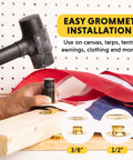 Professional Grommet Kit For Three Eighths To One Half Inch Brass Grommets in use on fabric with hole cutter and wood backer
