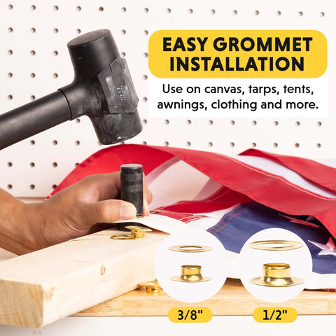 Professional Grommet Kit For Three Eighths To One Half Inch Brass Grommets in use on fabric with hole cutter and wood backer