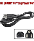 Black high quality 3-prong power cord with plug and socket, compatible with 12V 6A 72W AC Power Adapter.