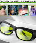 Front view of TRQWH laser safety glasses with black frame and yellow-green lenses for laser protection.