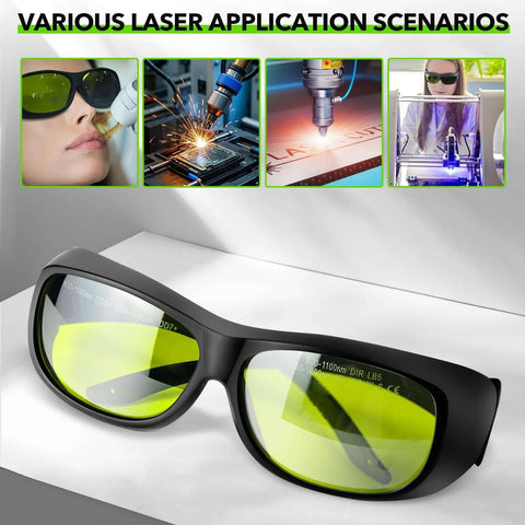 Front view of TRQWH laser safety glasses with black frame and yellow-green lenses for laser protection.