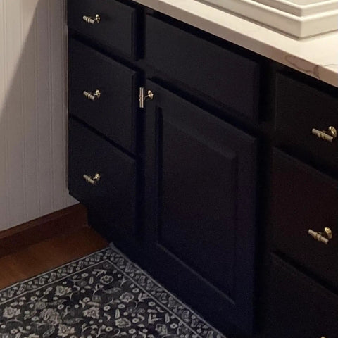 10 Pack Modern Cabinet Pull Handles in Gold Matte Stainless Steel Hardware for Kitchen and Dresser Drawers on black cabinets.