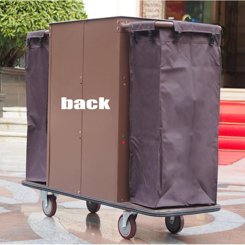 Back view of Straight Up Heavy Duty Three Tier Cleaning Cart With Two Roomy Cabinets And Smooth Rolling Wheels For Hotel Housekeeping Hustle.