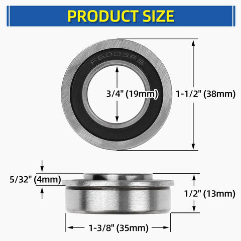 Four Pack Sealed Flange Ball Bearings Three Quarters Inch Bore 19mm ID x 35mm OD x 13mm Wide, size diagram shown