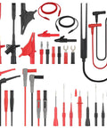 27 Piece Multimeter Test Leads Probes Kit With Big And Small Alligator Clips, Banana Plug Leads, Hook Probes, Tweezers And Wires For Easy Volt Meter Testing Must Have Kit, displaying red and black leads with various probes and clips.