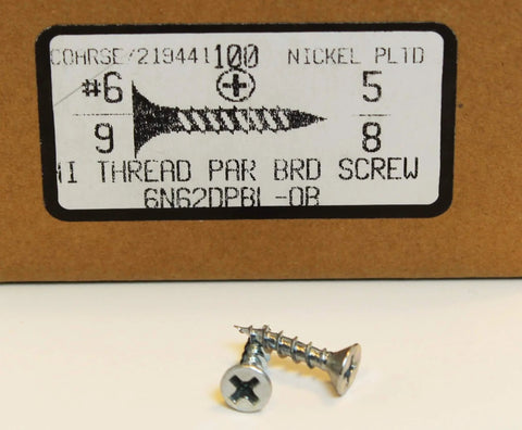 Box and two loose Beefy Five Eighths Inch Zinc High Hardness Drywall Screws with coarse threads, Phillips drive in front view.