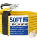 Heavy Duty 50 Foot Extension Cord With Lighted End For Indoor And Outdoor Use 10 Gauge Three Conductor Yellow Power Cable 15 Amp 125 Volt Oversized Plug And Receptacle For Safer Reliable Power Delivery coiled with 50FT 10/3 AWG label