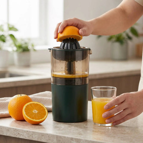 Asixxsix Portable Electric Citrus Juicer In Dark Green 400ml Cordless Handheld Fruit Press Machine, juicing an orange with fresh juice.