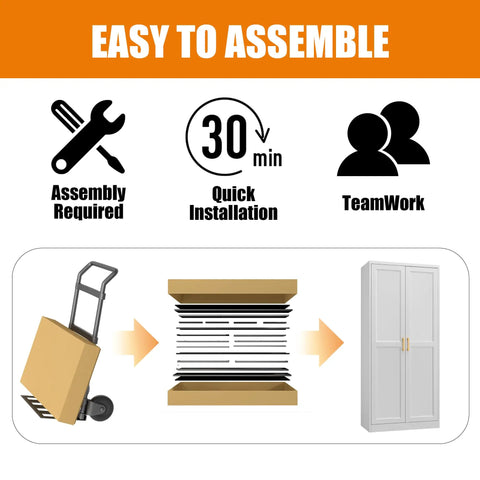 Easy assembly infographic for Built Like A Tank Super Tall Steel Pantry Cabinet With Double Doors And Four Shelves.